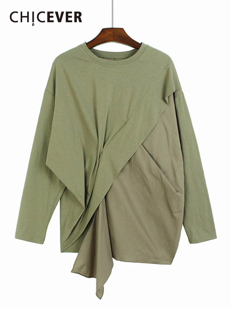 

CHICEVER Casual Loose T Shirts For Women Round Neck Long Sleeve Solid Irregular Patchwork Folds T Shirt Female Autumn Clothing