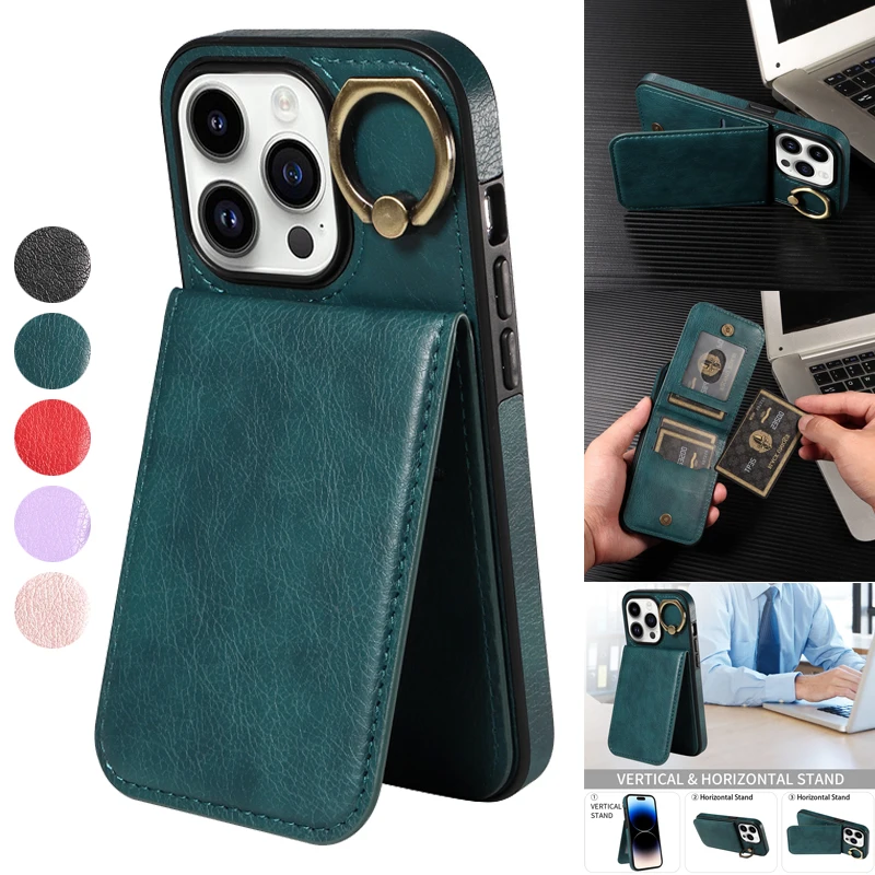 

Wallet Flip Card Bag Ring Leather Case For iPhone 15 Pro Max 14 Pro Max 13 Pro 12 Pro Max 11 Pro SE 2020 X XS Max XR 8 7 Plus