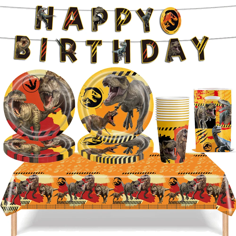 Einweggeschirr mit Dinosaurier-Motiv, Pappteller, Tassen, Servietten, Tischdecke, Geschenke, Tasche, Banner, Kinder-Dinosaurier-Geburtstagsparty-Dekoration