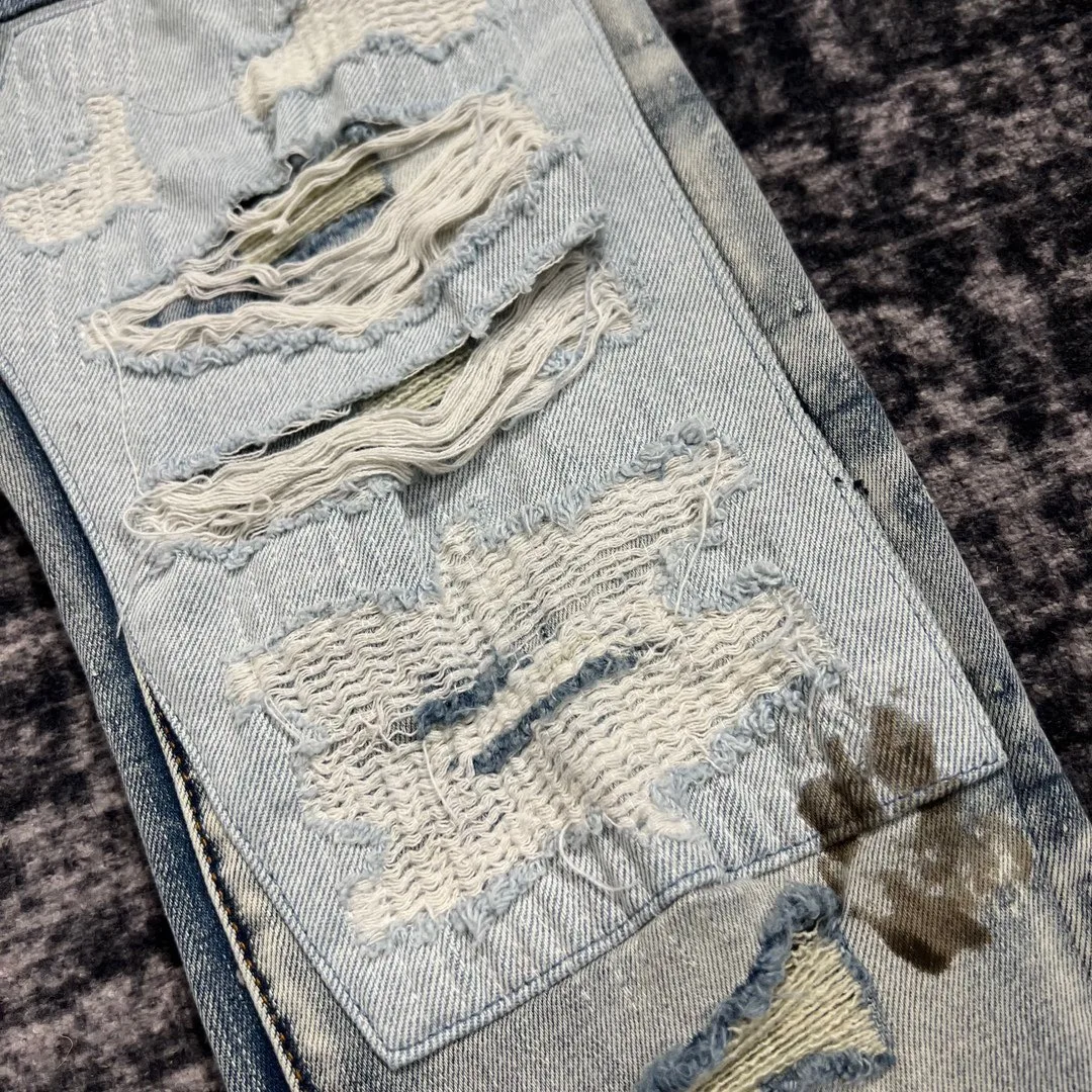 men dirty look distressed bagger patches jeans 5