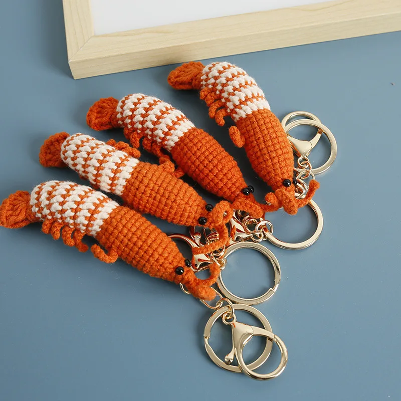 Cute Shrimp Charm Bag Pendant Cartoon Mini Hand Knitted Keyring Lovely Pendant Couple Keychain Bag Accessories