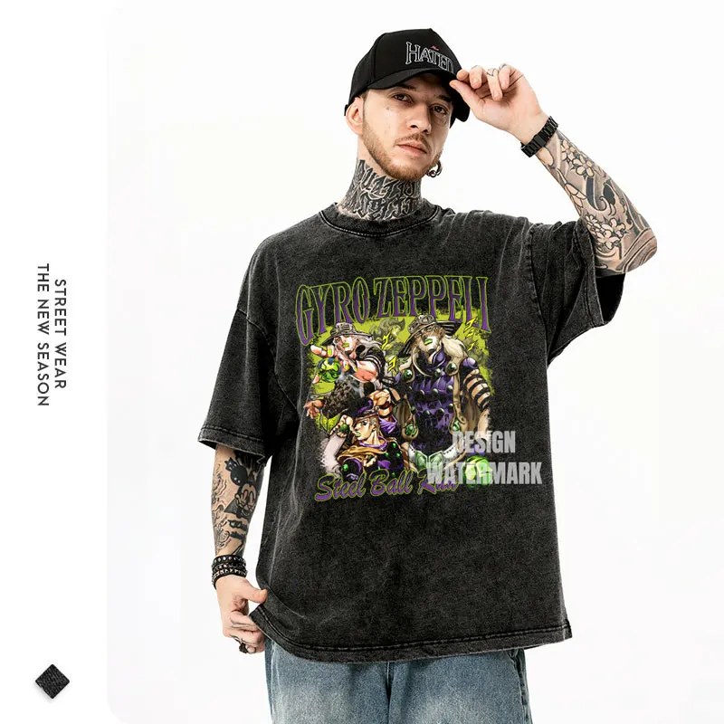 Vintage Washed JoJo's Steel Ball Run Streetwear T-Shirt - Anime Manga Gyro Zeppeli Design in Cotton