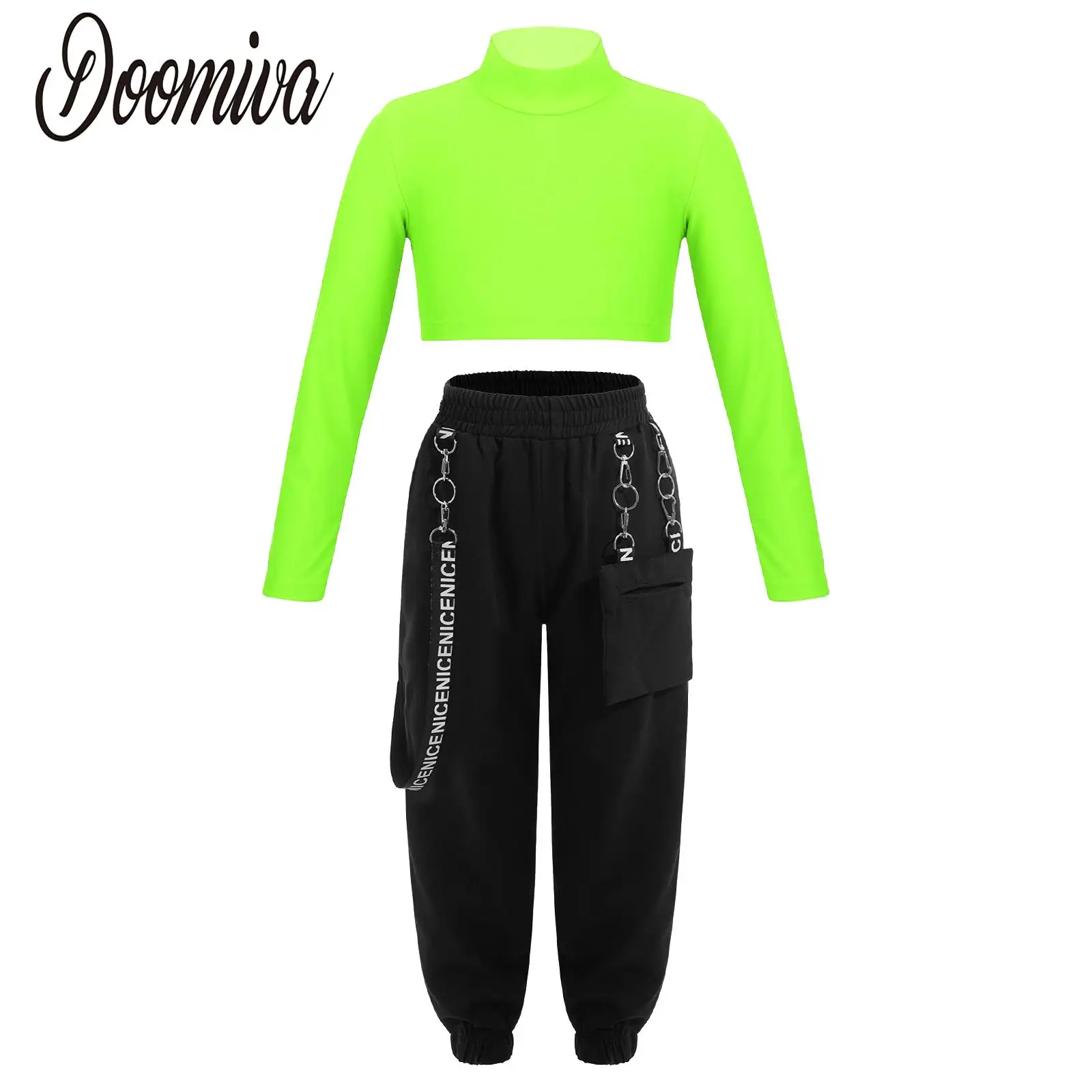 Kid Girls Hip Hop Street Dance Outfit Performance Costume Sweatpants Suit Long Sleeve Crop Top with Cargo Pants Street Dancewear