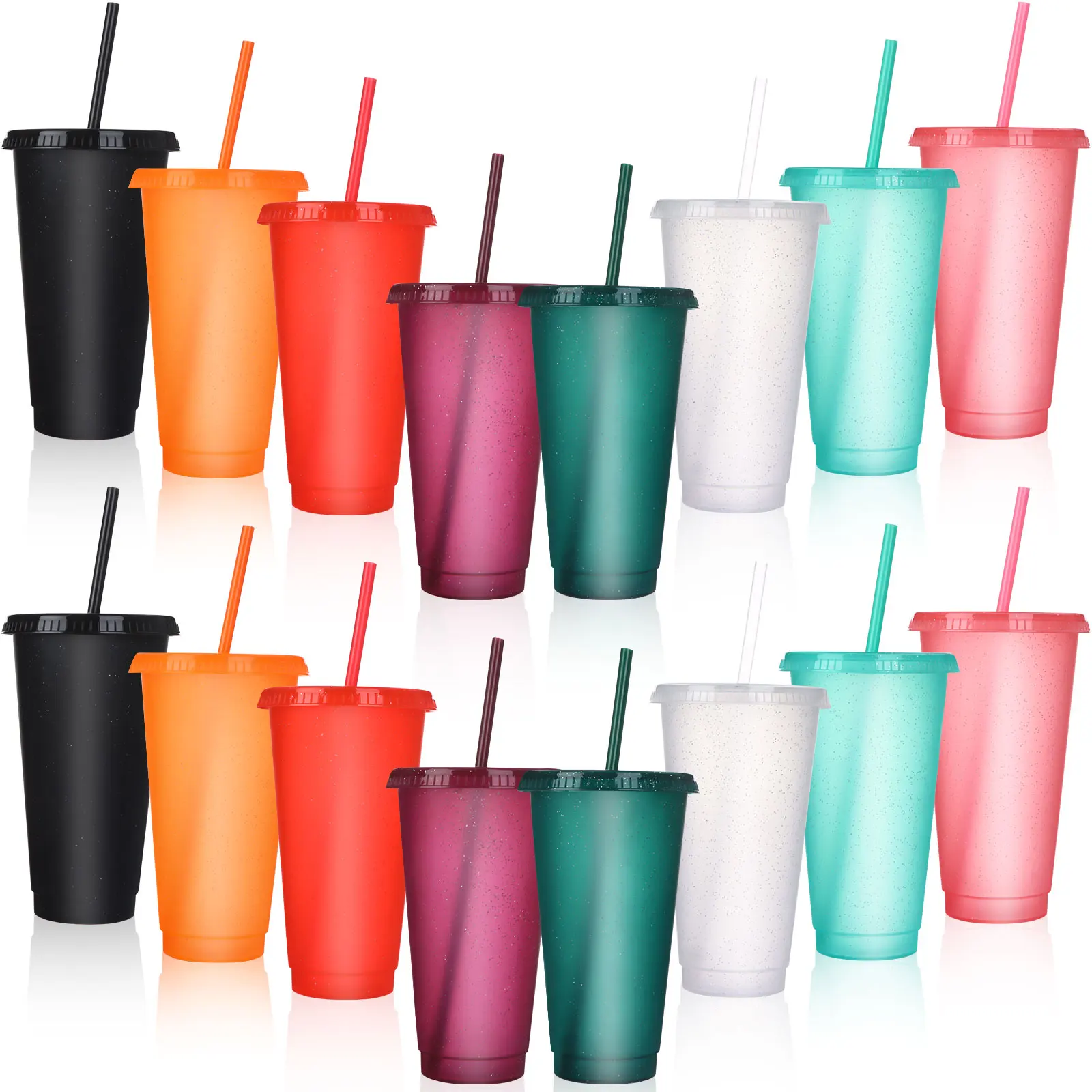 

16 Pieces Reusable Cups with Lids and Straws 24 oz Glitter Iced Coffee Tumbler Plastic Travel Mug Cup for Smoothie Juices Partie