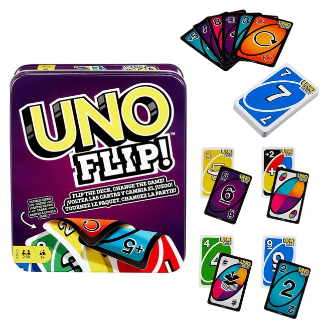 Mattel Games Genuine Uno-Flip Poker Games Card Game Iron Box Family Funny Multiplayer Game Fun Poker Kids Toys Playing Cards 1