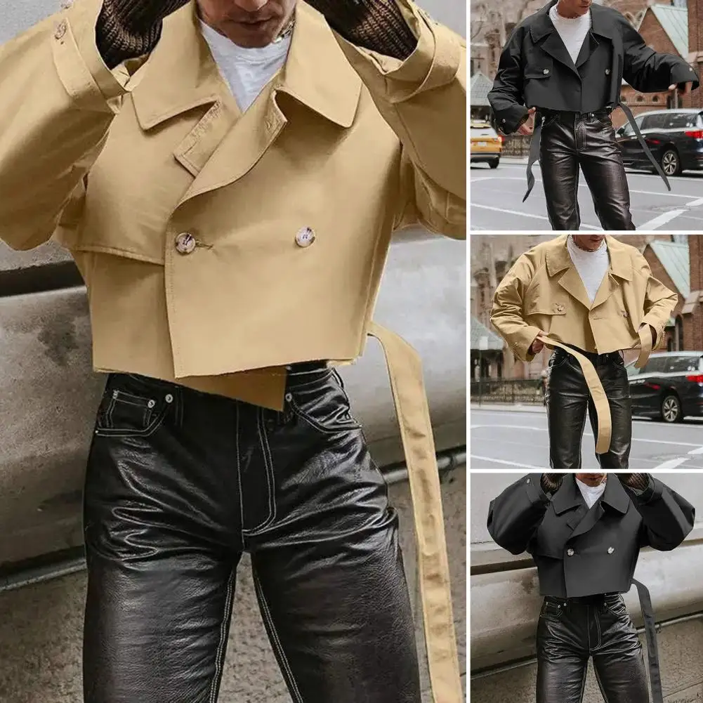 Outdoors Cropped Windbreaker Jacket Retro Style Lapel Long Sleeve Single Breasted Windbreaker With Belt Fashion Men's Clothing