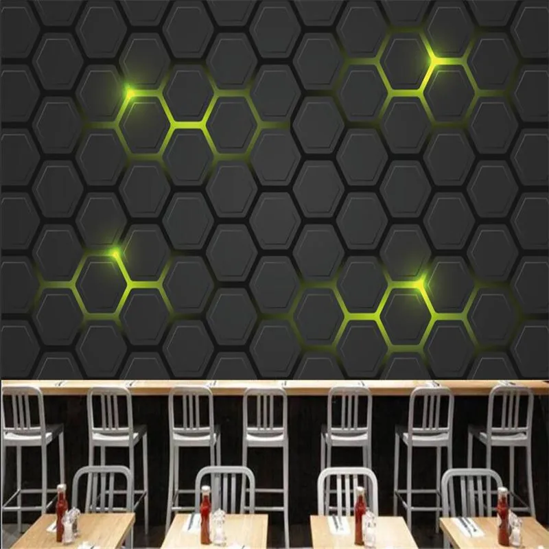 Modern Technology Sense 3D Hexagonal Green Backlight Mural Wallpapers for Company Internet Cafe Gaming Hall Decor Wall Paper |