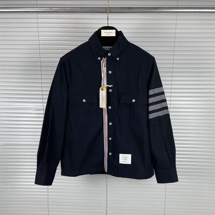 

Classic flannel navy woven four bar jacket shirt casual fashion zipper shirt handsome shirt