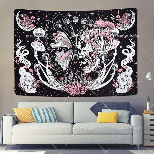 Tapisserie crâne Trippy champignon tapisserie serpent Hippie psychédélique tapisserie esthétique papillon lune et étoiles tapisserie tenture murale 3