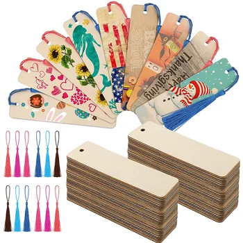 10/20/60pcs Blank Wood Bookmarks with Tassels 1