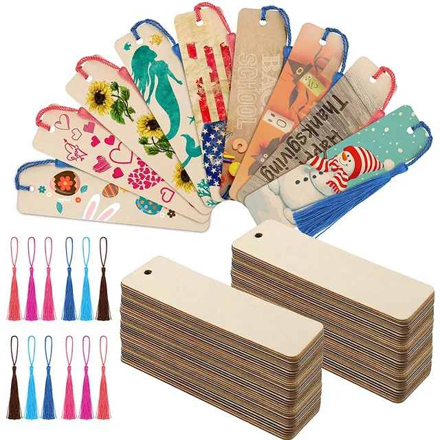 10/20/60pcs Blank Wood Bookmarks with Tassels 1
