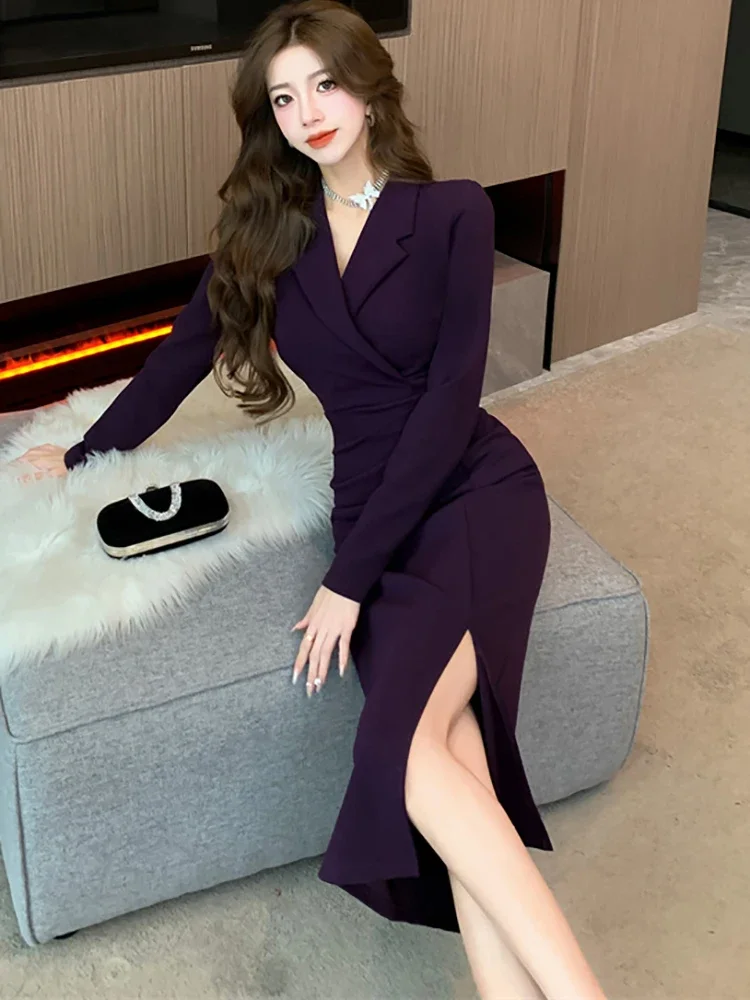 Women Pink Pleated Bodycon Formal Long Dress Autumn Winter Long Sleeve Chic Suit  Dress 2026 Korean Fashion Elegant Party Dresses - AliExpress 200000345