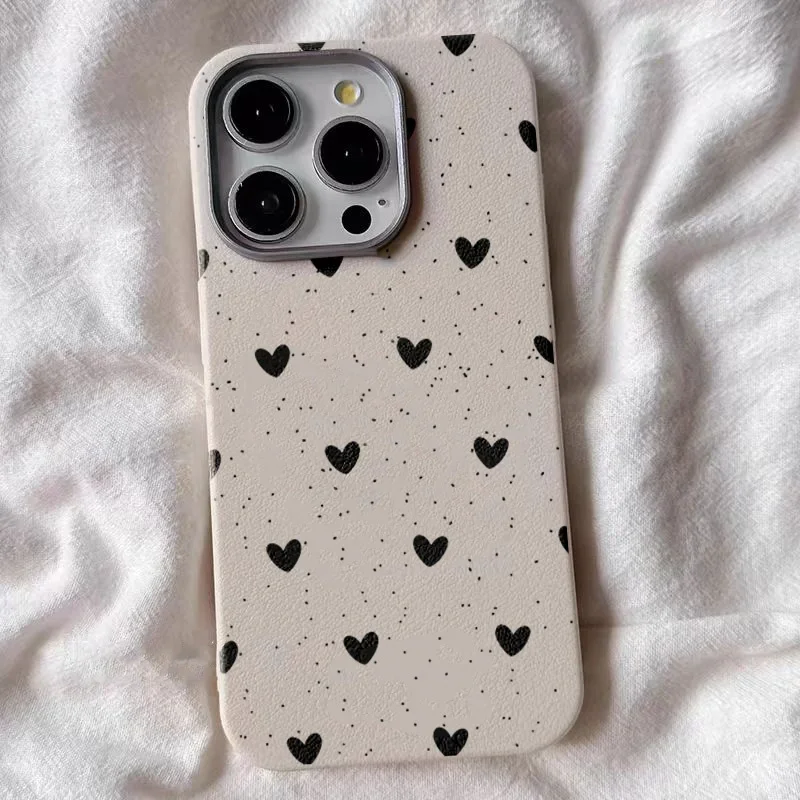 Sleek Black Heart Leather Phone Case - Shockproof Soft Bumper Cover