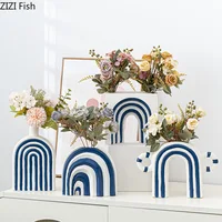 Blue and White Stripes Ceramic Vase Desk Decoration Artificial Flower Decorative Flower Arrangement Vases Room Aesthetic Decor 1