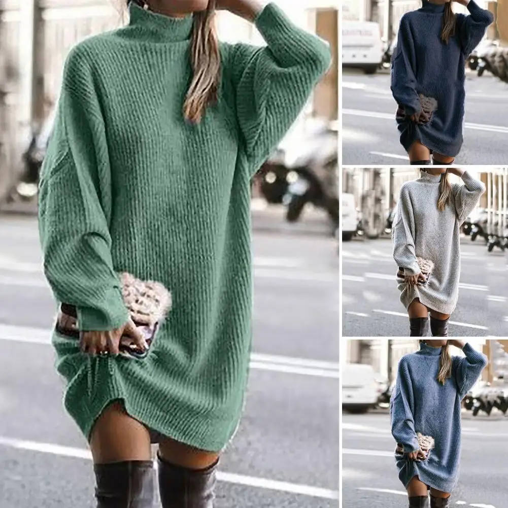 

Sweater Dress Turtleneck Batwing Long Sleeves Ribbed Warm Plus Size Ladies Autumn Winter Solid Color Knitted Casual Midi Dress