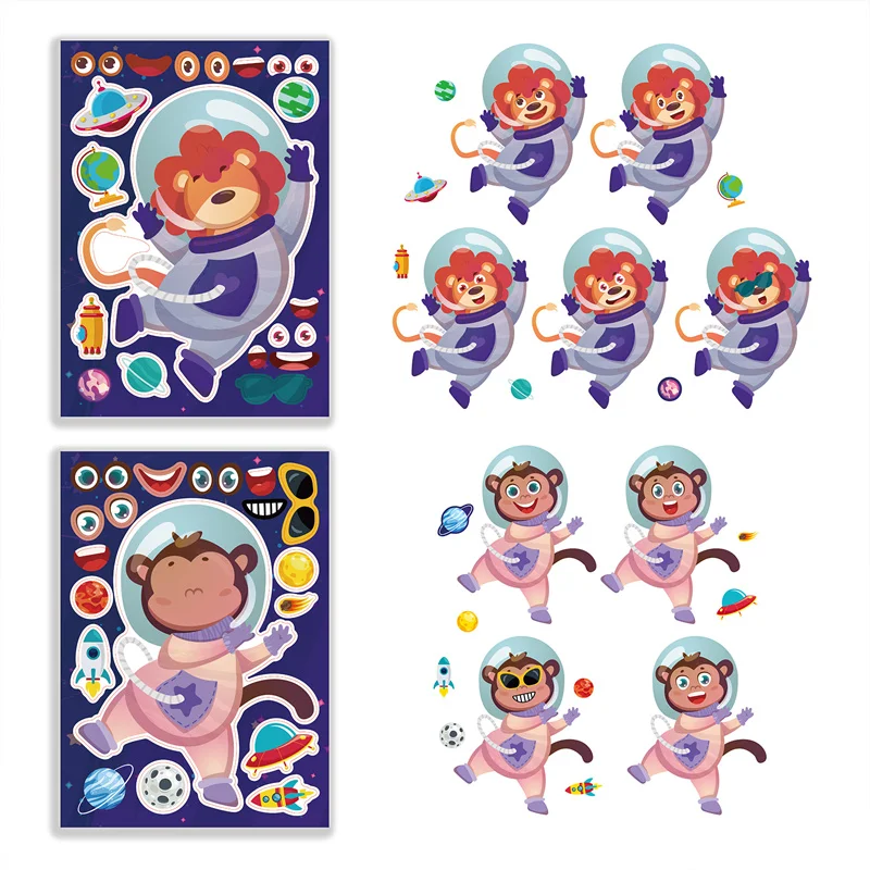 창의적인 어린이 DIY 페이스 스티커, 접합 얼굴 기능, 나만의 비행기 만들기, 카와이 우주 동물 퍼즐 스티커