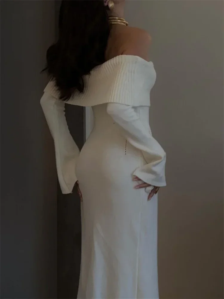 White Autumn Knit Sweater Long Dress Women Ribbed High Waist Fashion Off-Shoulder Loose Party Dress Female Knitwear Dress