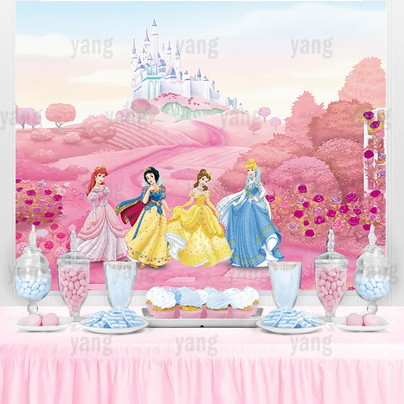Disney Princess Wedding Castle Rosa Biancaneve Cenerentola Sirenetta Ariel Sfondo Ragazze Festa Di Compleanno Baby Shower Banner