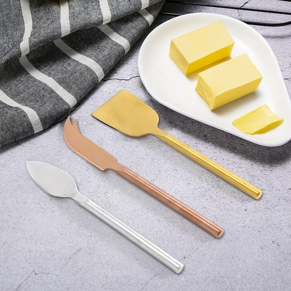 Jaswehome 3pcs Cheese Knives Set Full Stainless Steel Fork Tipped Spear Flat Cheese Knife Small Spade Butter Cutter Tools