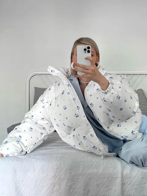 Fashion Stand Collar Printed Short Cotton Jacket For Women