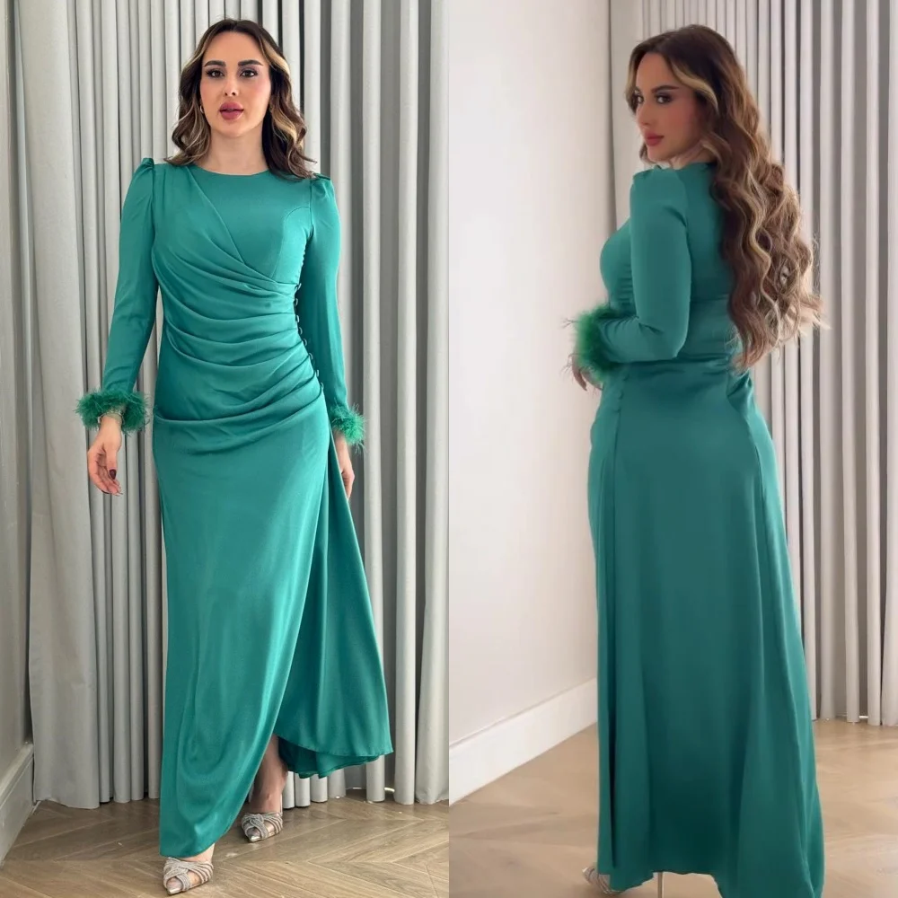 Jiayigong  Jersey Draped Pleat Feather  A-line O-Neck Bespoke Occasion Gown Long Sleeve Dresses Saudi Arabia
