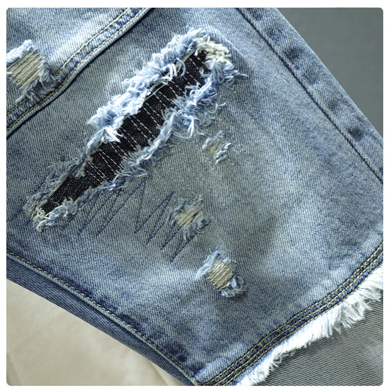Spring New Blue Ripped Hole Jeans Men's Elastic Slim Stitching Patch Korean Fashion Male Clothing Denim Trousers Streetwear