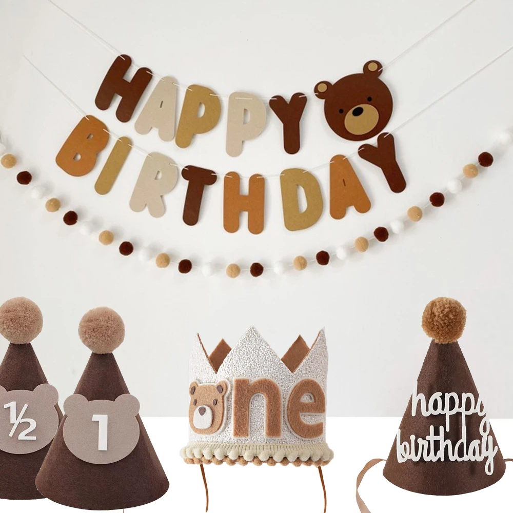 Felt Retro Bear Happy Birthday Banner Pom Ball Garland Birthday Hat Kids 1st Birthday Party Decorations Baby Shower Supplies