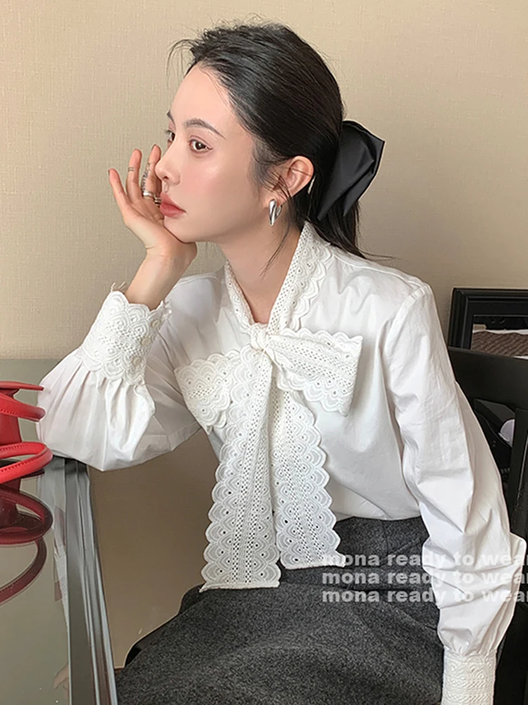 

Elegant White Blouse With Bow Spring Summer Long Sleeve Office Lady Embroidery Shirts Chic Korean Tops