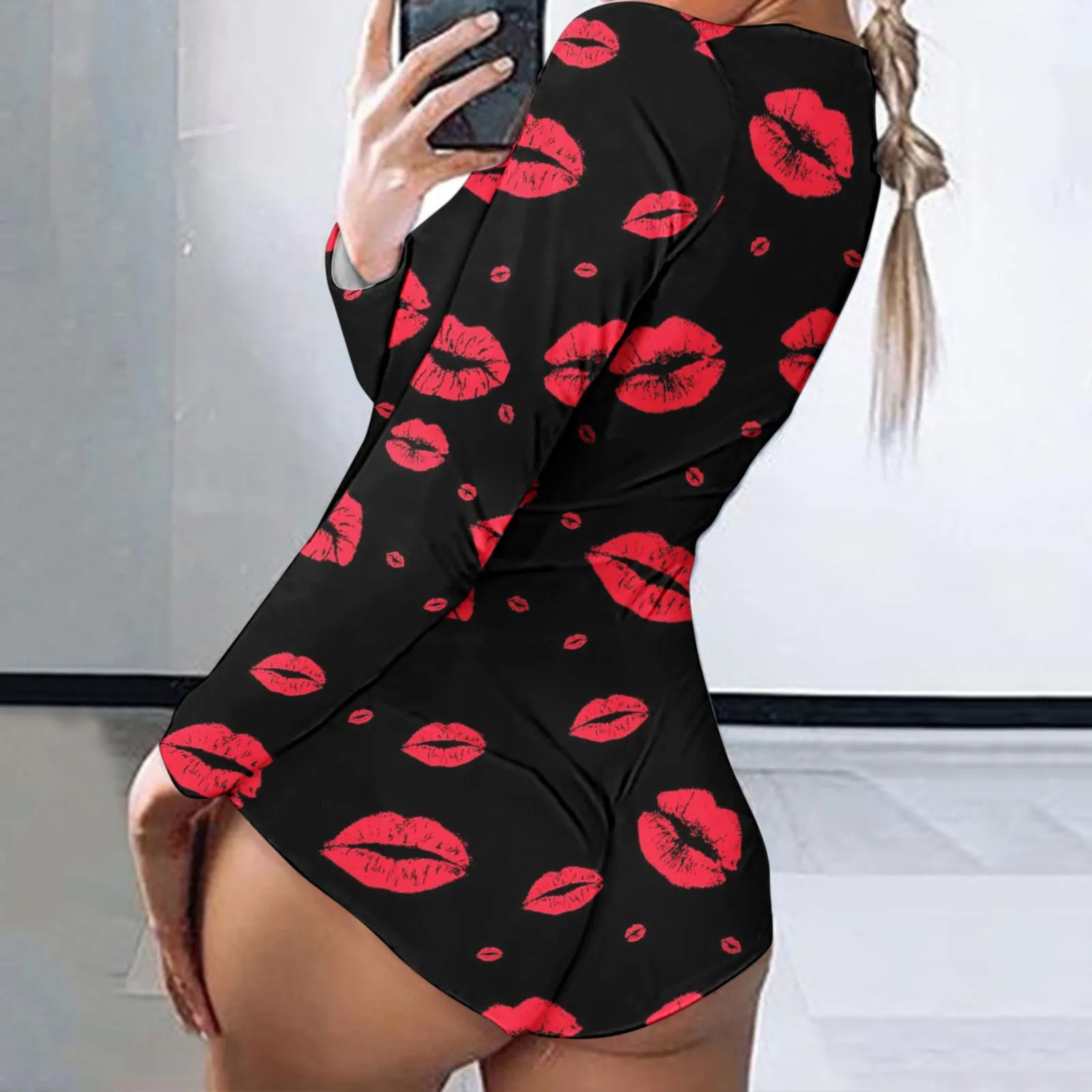 Valentines Day Women Onesie Pajamas Buttoned Butt Flap Jumpsuit Sleepwear Mouth Lips Heart Printed Adults Onesies Pyjama