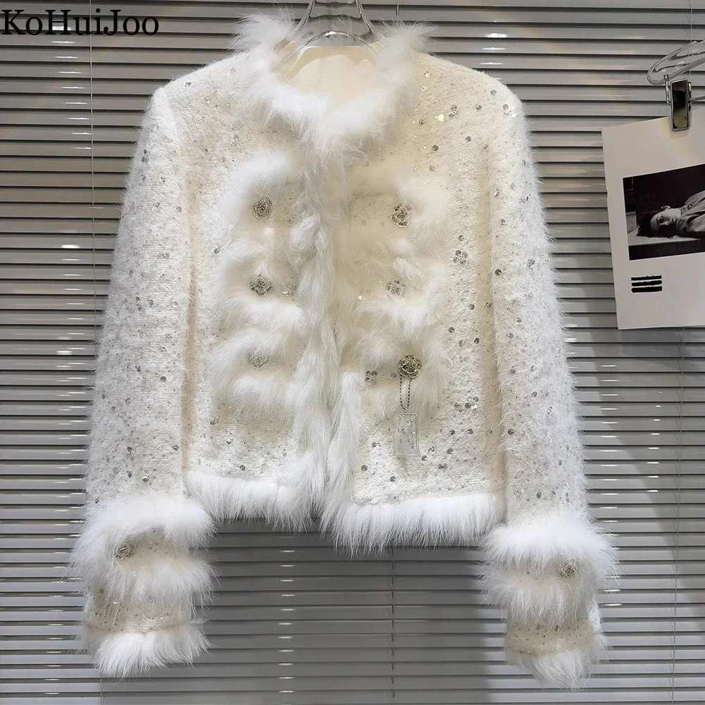 

Winter Korean Tweed Jacket Women 2023 Elegant Real Fox Fur Collar Diamond Buckle Duck Down Padded Warm Woolen Overcoat White