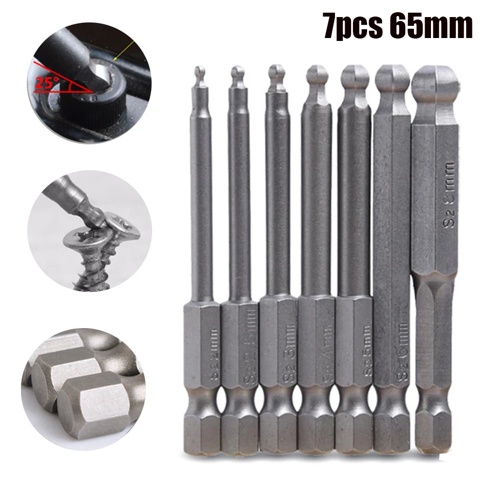 7pcs 1/4" Ball End Hex Screwdriver Bits Set Metric Allen Hex Bit 65mm
