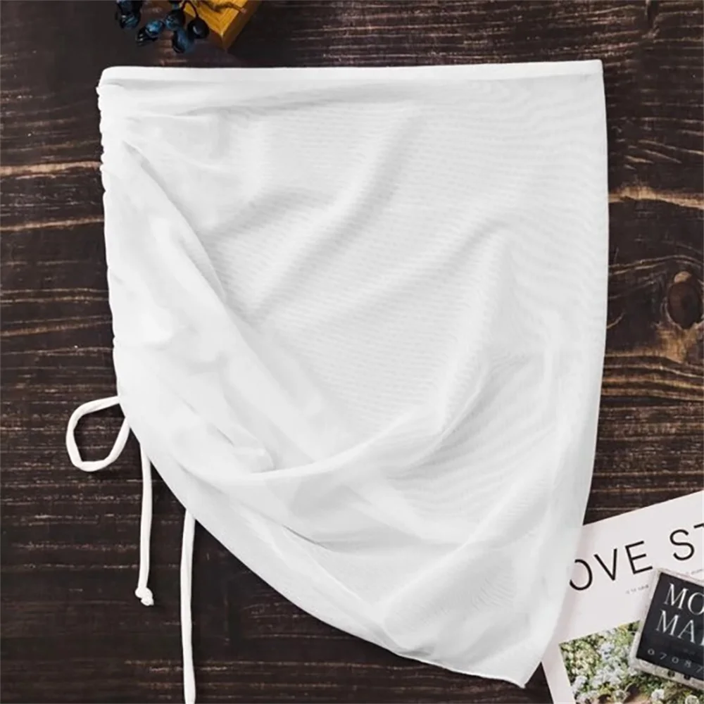 Translucent Sexy Swimsuit Beach Skirt Seaside Holiday Gauze Skirt Ruffled Overskirt Mesh Drawstring Solid Beachwear Hip Skirt 4