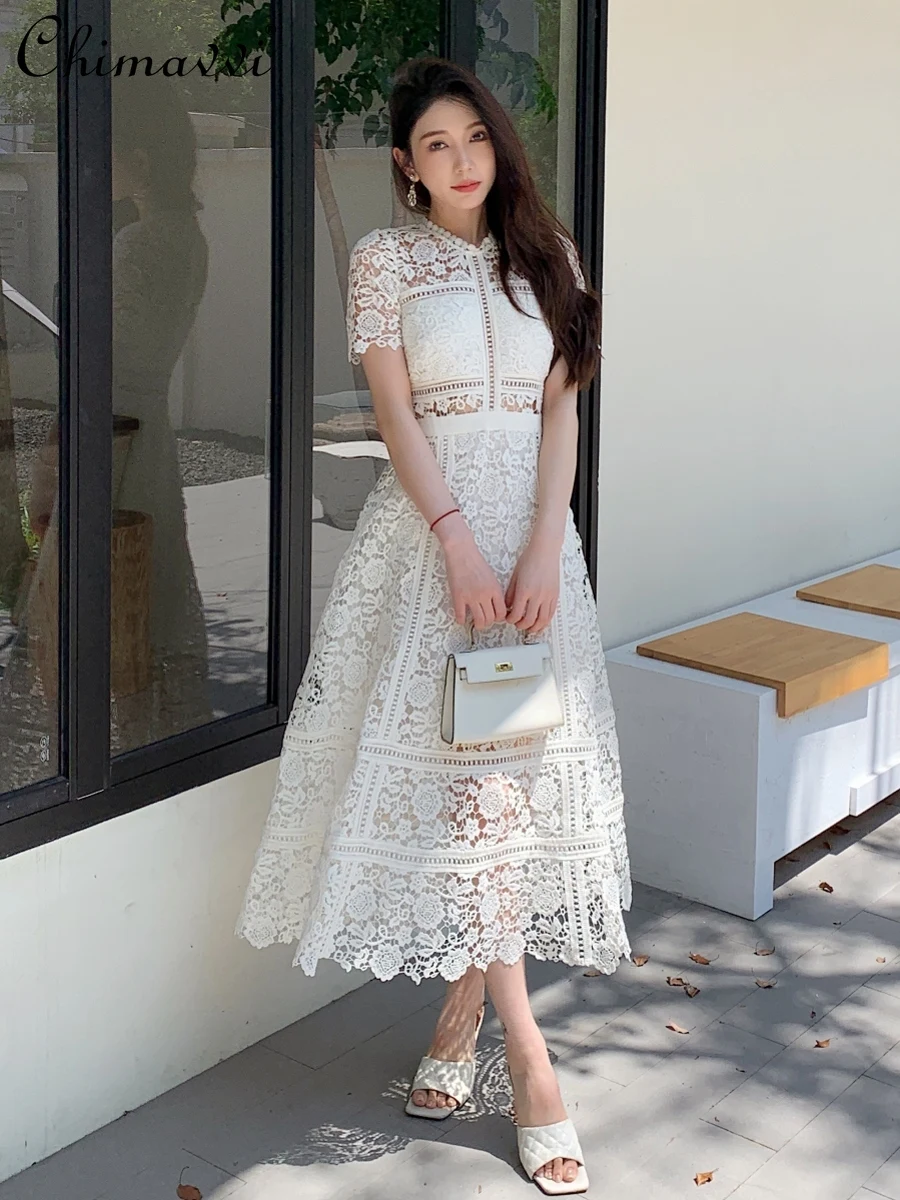

Beige Large Swing Dress for Women 2023 Summer French Lux Socialite Style High-Grade Stitching Hollow Lace Dress Maxi Dress
