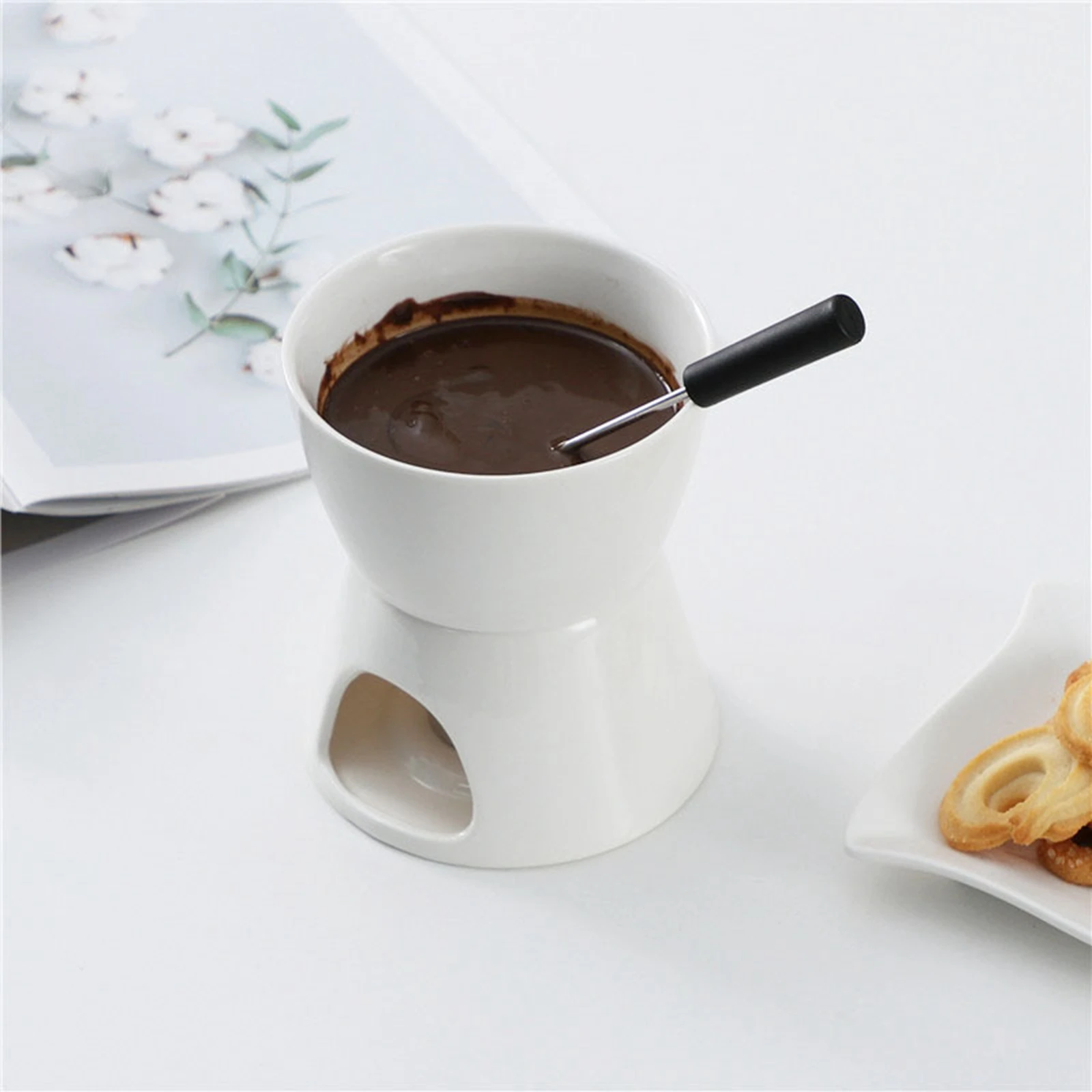 Chocolate Fondue Pot Butter Warmer Cookware Tea Light Porcelain Melting Pot Ceramic Hot for Candy Snack Wedding Caramel