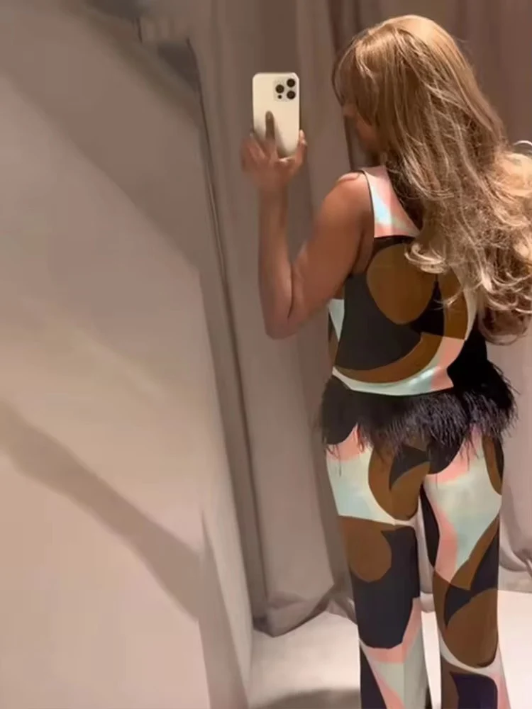 Geometric Print Patchwork Vest Pants Sets For Women 2 Piece Feather Decoration V-Neck Tank Tops Suits Casual Woman Outfits