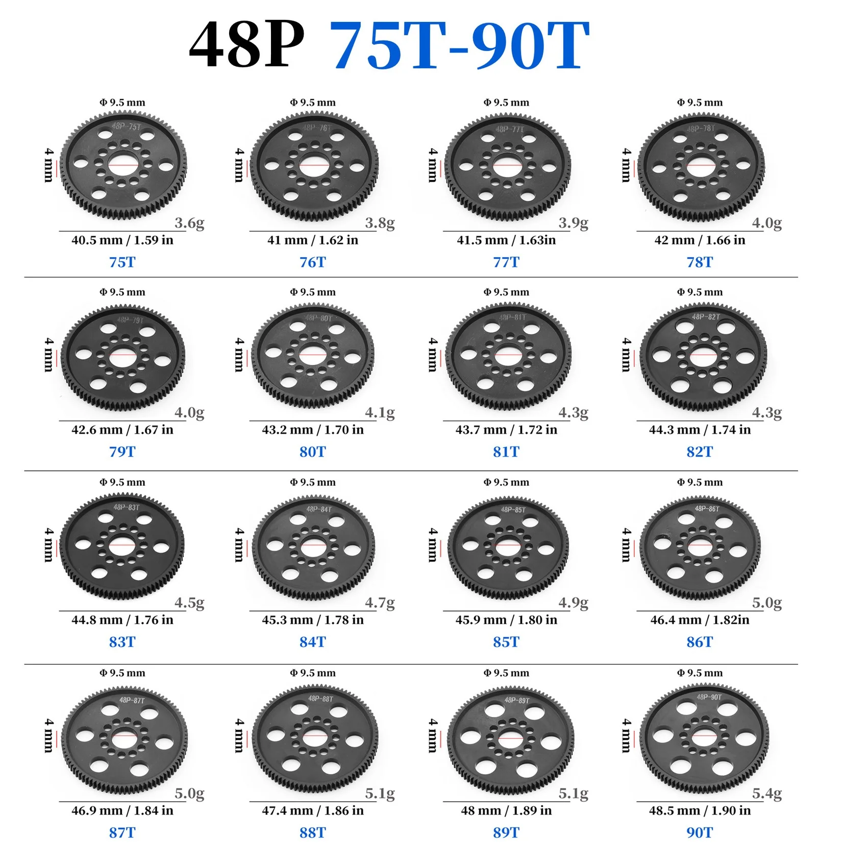 Moteur RC 87T 88T 89T 90T 83T 84T 85T 86T pour voiture radiocommandée, vue de côté avec connecteurs
