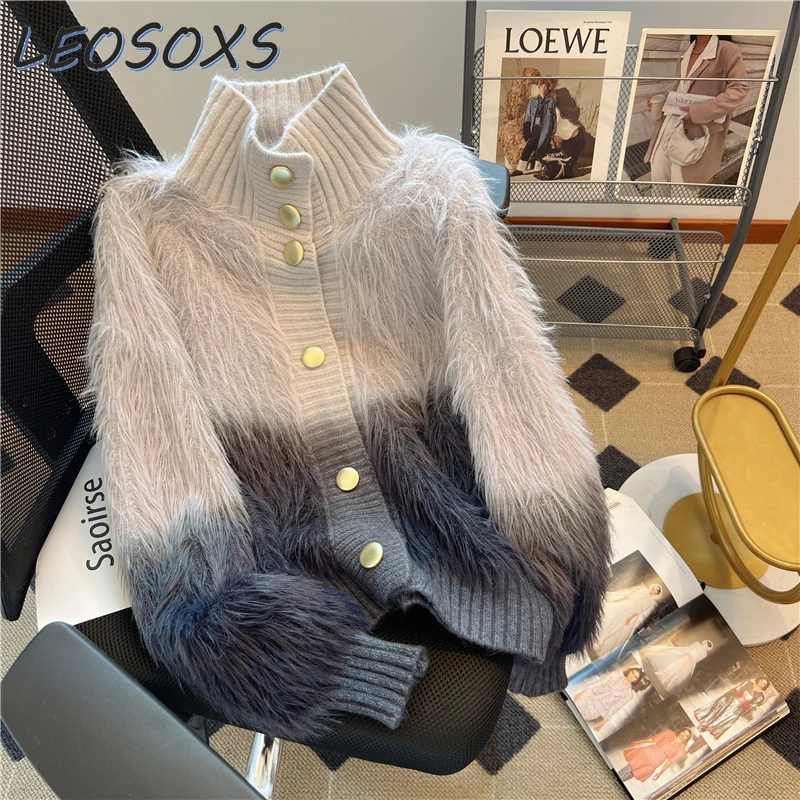 

Mink-like Wool Loose Contrast Color Turtleneck Knitting Cardigan Sweater Coat for Women Casual Sweaters Cardigã Feminino 2023