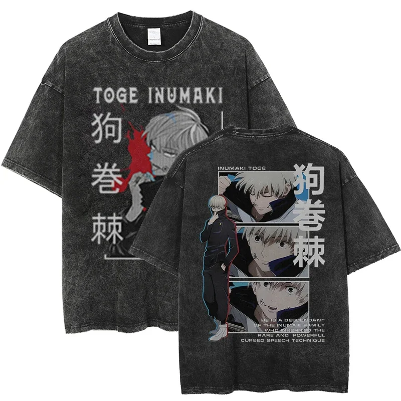 

Fashion Streetwear Men Washed T-Shirt Harajuku Anime Toge Inumaki Jujutsu Kaisen Tshirt Summer Cotton Tops Short Sleeve T Shirt