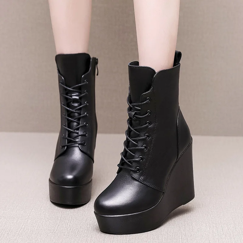 Fashion Warm Women Winter Boots Genuine Leather Platform Lace Zipper Boots Female Casual Winter Shoes Plush Ladie Ankle Boots