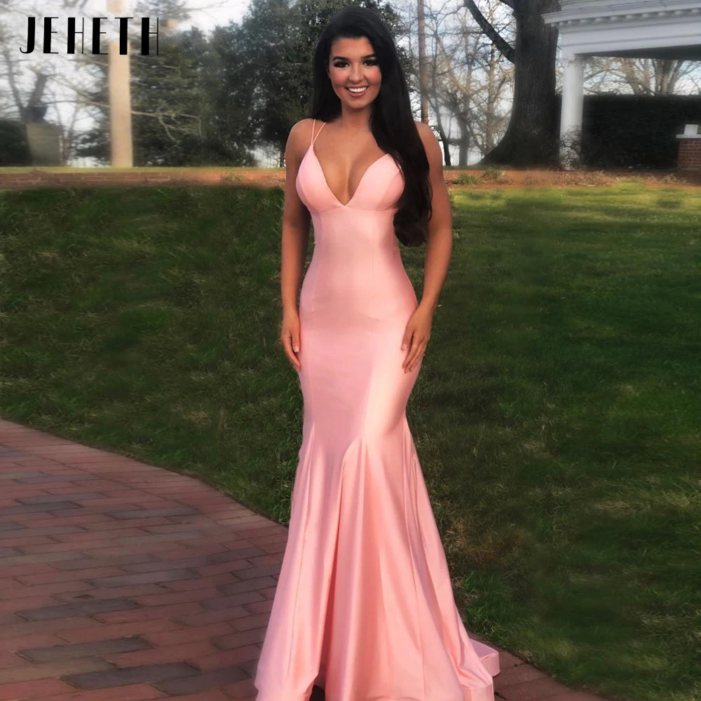 

JEHETH Simple V-Neck Mermaid Evening Dress 2023 Spaghetti Strap Backless Floor Length Long Satin Formal Party Gown Robe De Soire
