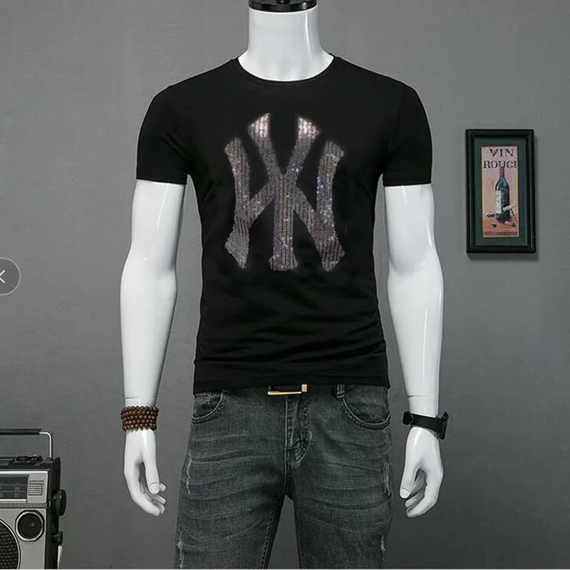 

Men Fashion Casual short Sleeved Rhinestone tshirt Slim Fit Male Hot drill Business Brand Men Clothing Soft Comfortable075