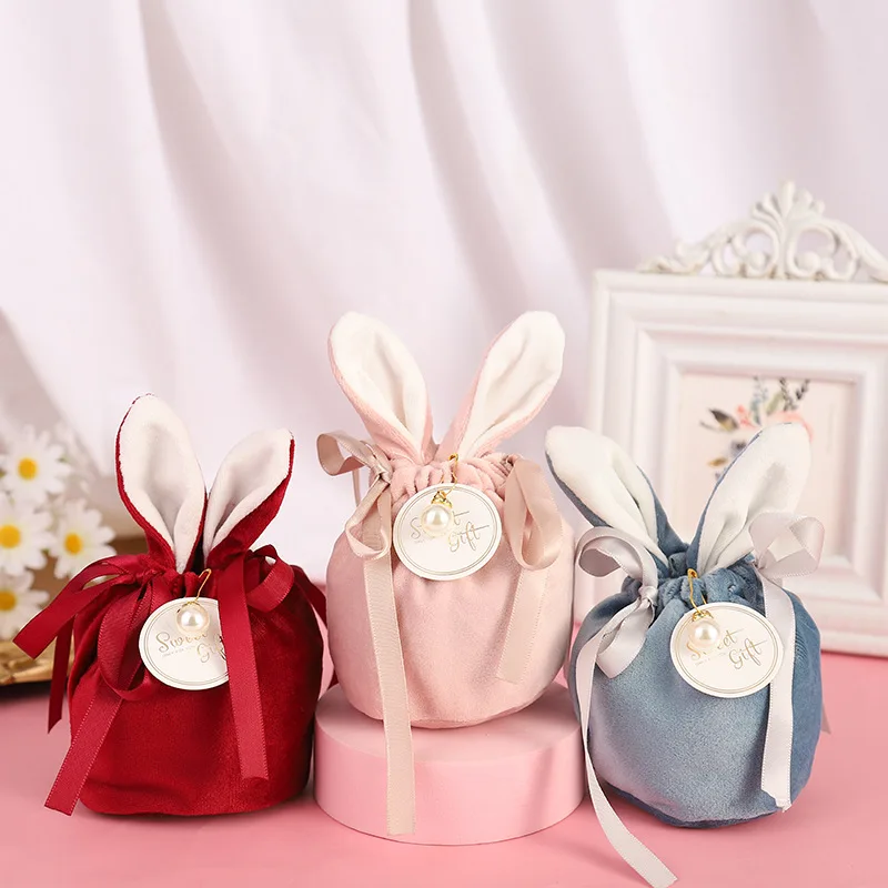 

10Pcs/lot Cute Easter Rabbit Ears Bags Velvet Bunny Gift Packaging Bag Wedding Chocolate Candy Box Party Easter Decoration 2023