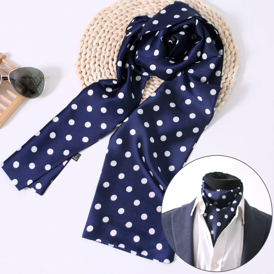 Dubbelzijdig Blauw Polka Dot Lange Halsdoek Mannen Brits Vintage Pak Shirt Kraag Mond Servet Herfst Winter Trendy Dunne Sjaal