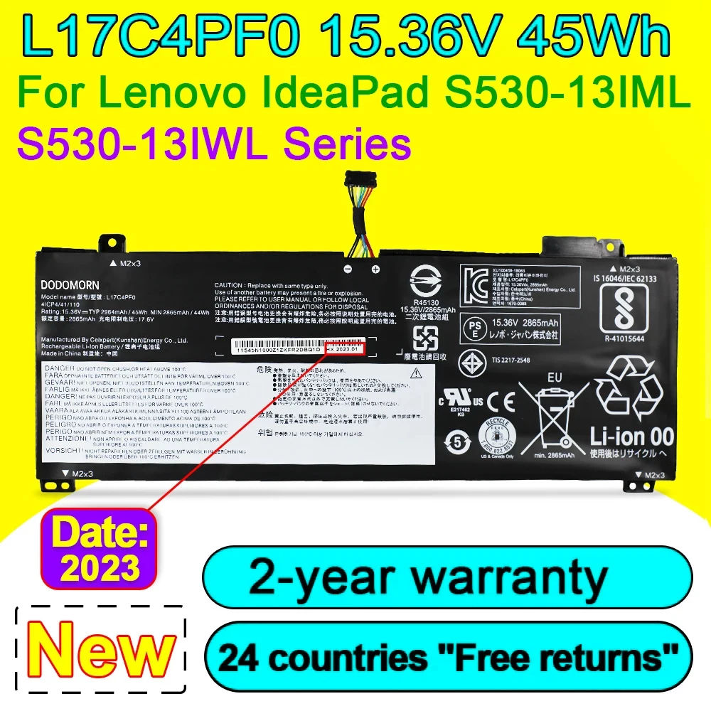 

L17M4PF0 L17C4PF0 Laptop Battery For Lenovo Xiaoxin Air 13IWL 13IML,Ideapad S530-13IWL Series 15.36V 45Wh 2964mAh