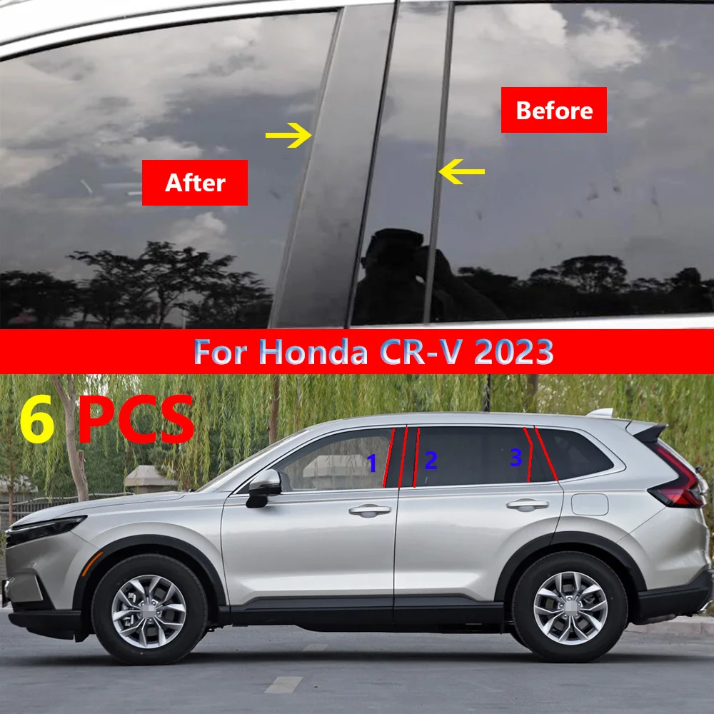

6Pcs Black Mirror Effect Car Window Door Column B C BC Pillar Post Cover Trim PC Material Sticker For Honda CR-V CRV 2023 2024