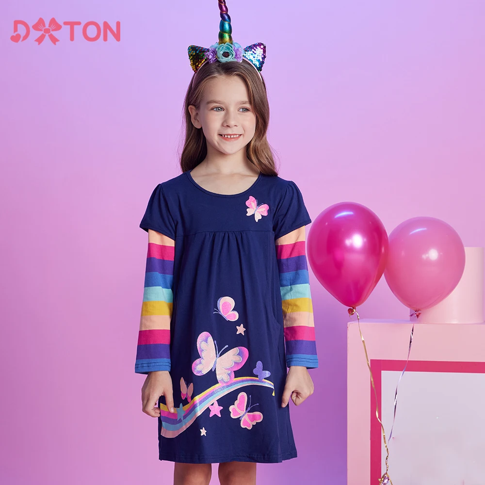 

DXTON New Children Cotton Dress Winter Rainbow Long Sleeve Toddlers Casual Dress For Girls Butterfly Star Printing Girls Dresses