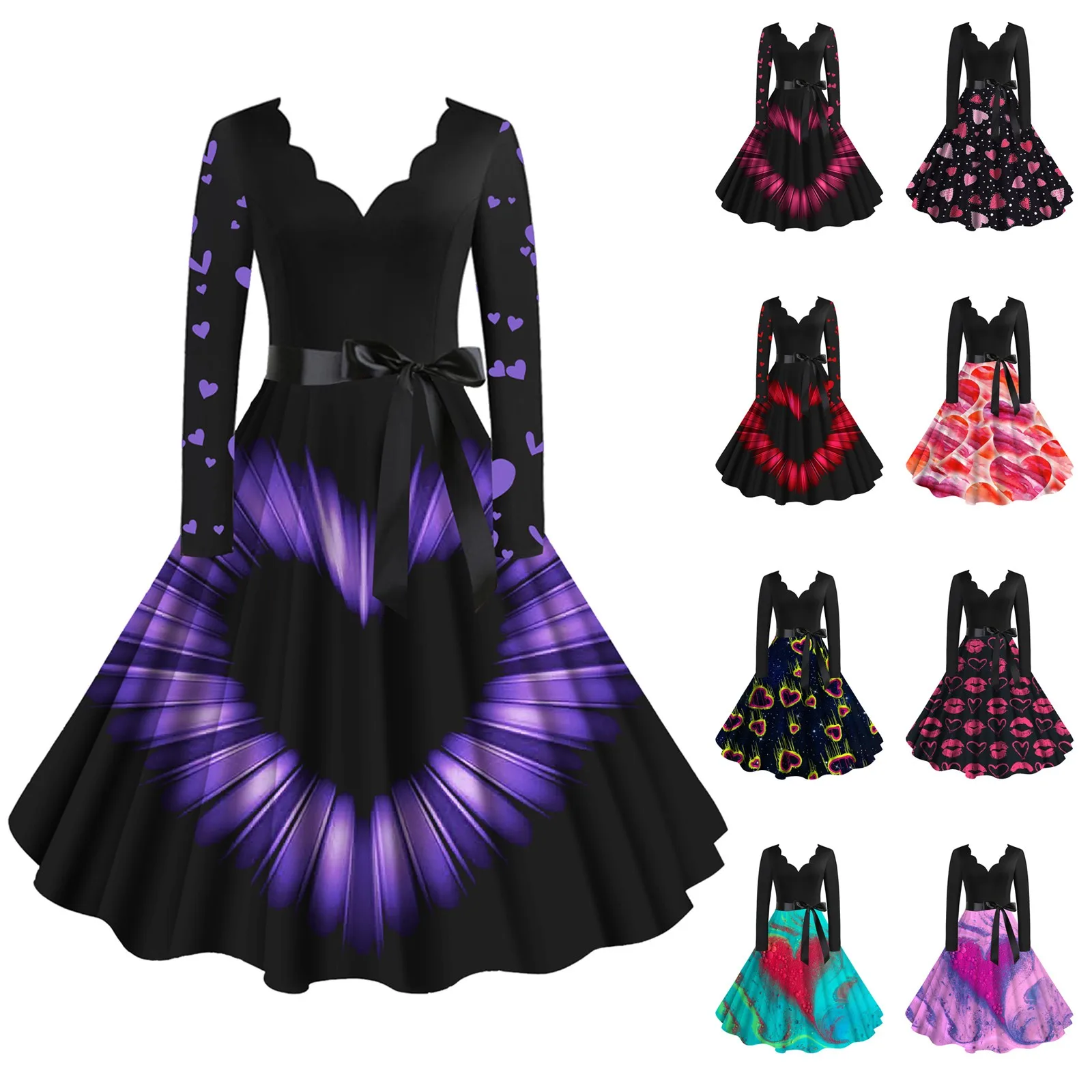 

Valentine's Day Women's Dress 2023 Classic Elegant Dress Long Sleeve V Neck Dress With Belt Swing Cocktail Party Dresses Vestido