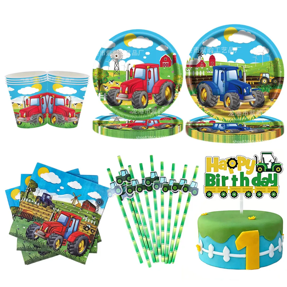 Farm Tractor Birthday Party Supplies Set: Green Tractor Plates, Cups & Napkins