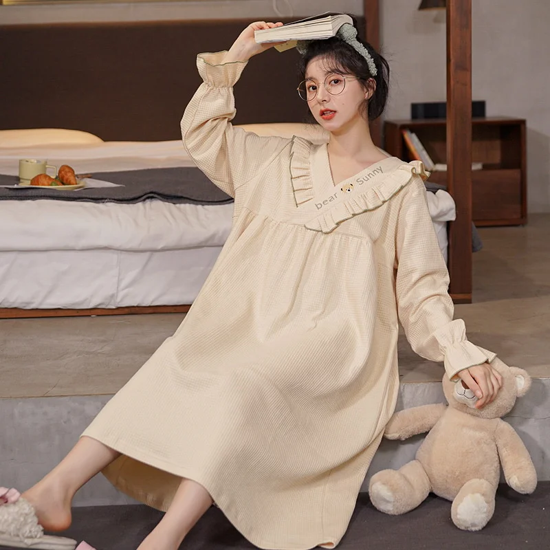 New Spring and Autumn Women's Pajamas Soft Cotton Sweet Home Wear Long Sleeve Cartoon Nightdress Plus-size Loose Sleepwear Cute