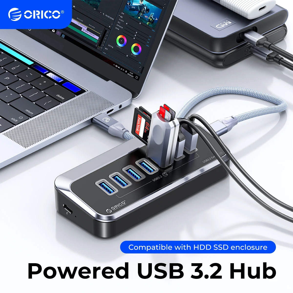 Orico Abs Powered 5gbps Hub Pd18w Carregamento Usb 3.2 tipo c Hub Leitor de Cartão Splitter com Adaptador de Energia para Desktop pc Acessórios